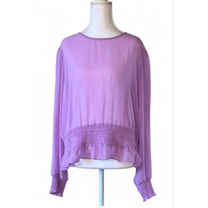 💜 Bar III Lavender Sheer Smocked Waist Blouse XL Long Sleeve Keyhole Back